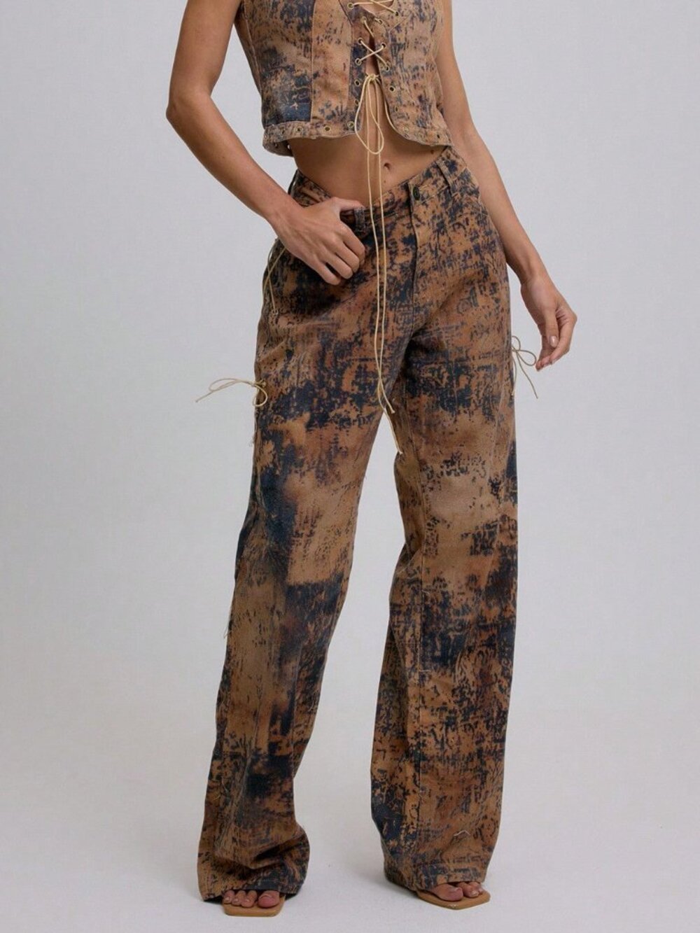 Brown Casual Women's Low Rise Lace Up Sides Wide Leg Denim Cow Print Jeans
